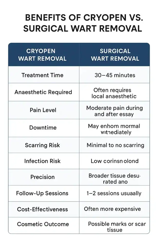 Table showing the benefits of cryopen to remove warts Paisley compared to surgical treatment
